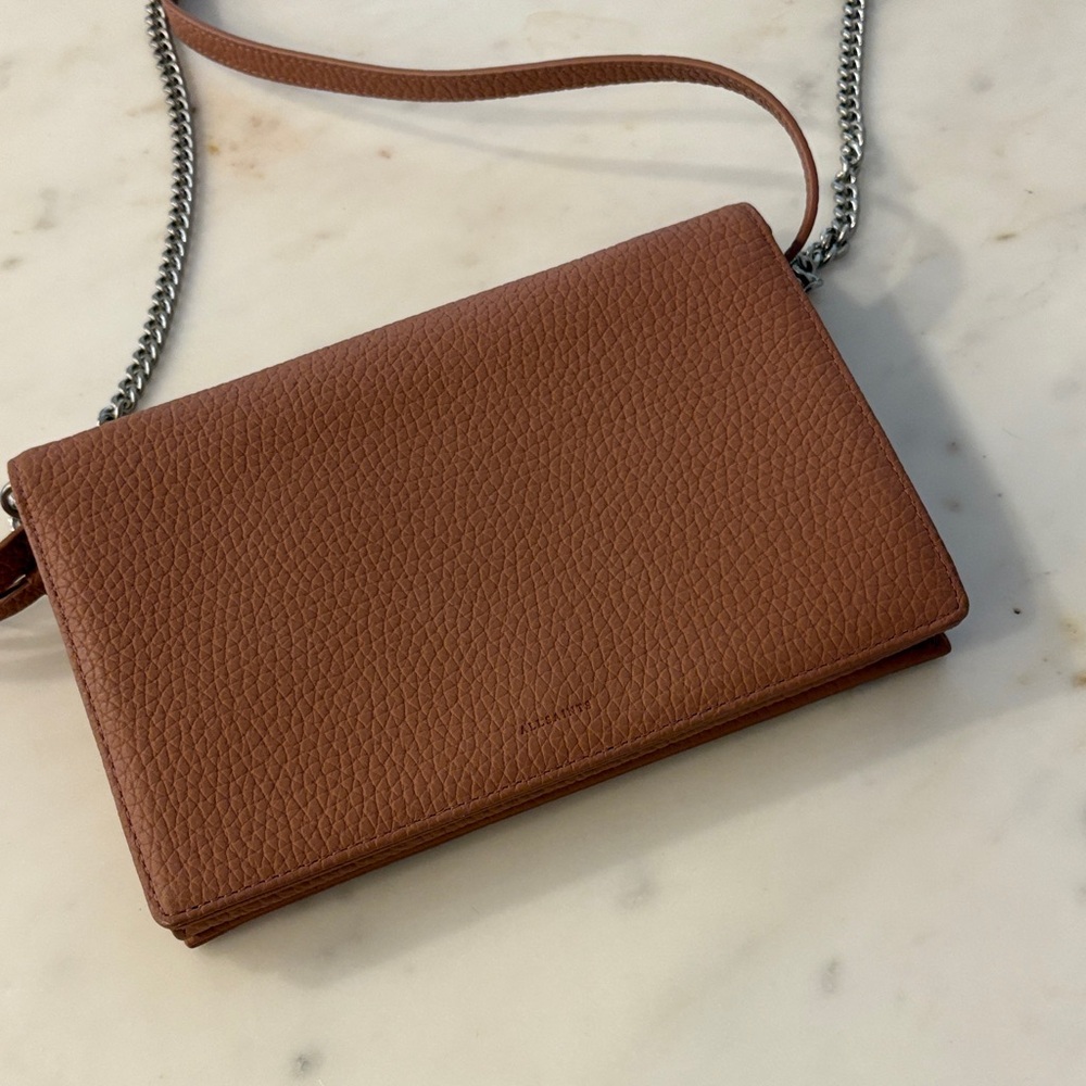 All Saints Brown Leather Crossbody Bag with Chain Strap.